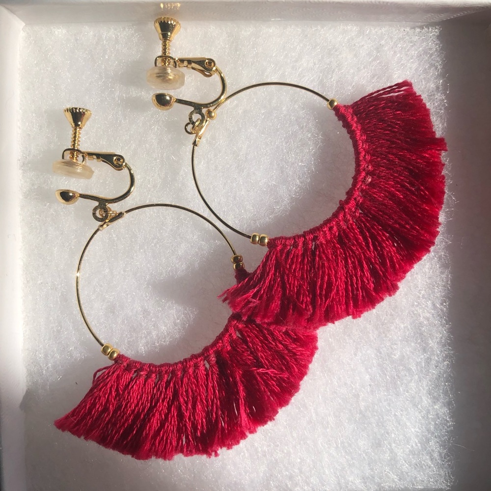Clip On Gold Red Fringe Hoop earrings